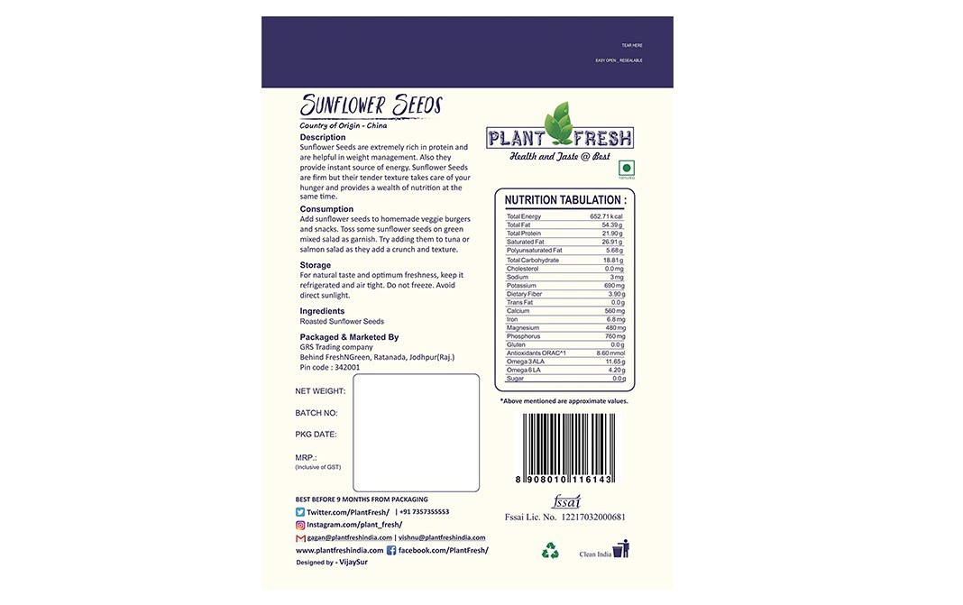 Plant Fresh Roasted & Salted Sunflower Seeds   Pack  120 grams